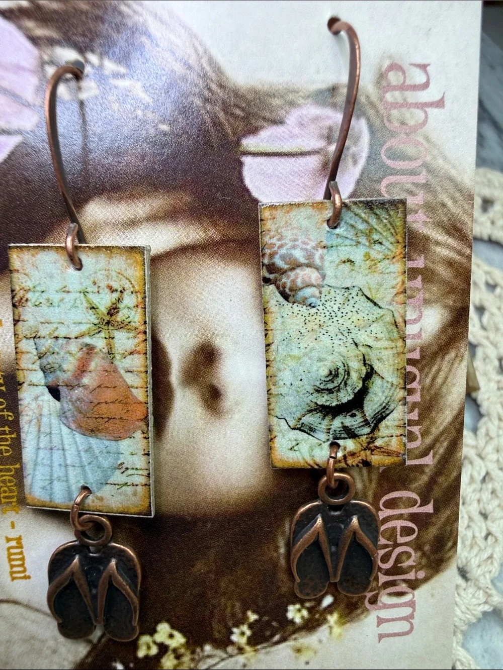 Handmade Sea Shell Print Drop artboard Earrings in Aqua and Copper